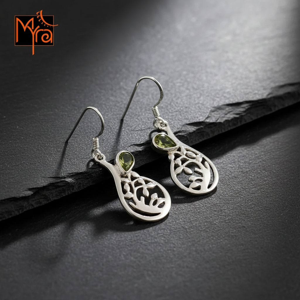 Abstract Branch Pattern Earrings with Peridot Stone