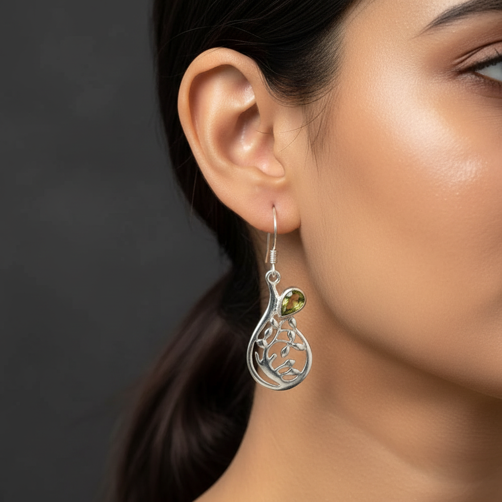 Abstract Branch Pattern Earrings with Peridot Stone
