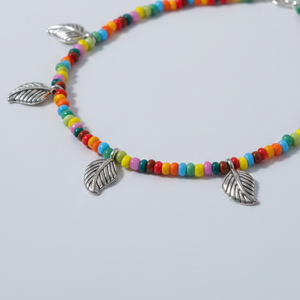 Multicolor Anklet with Rounded Silver Leaf Charms