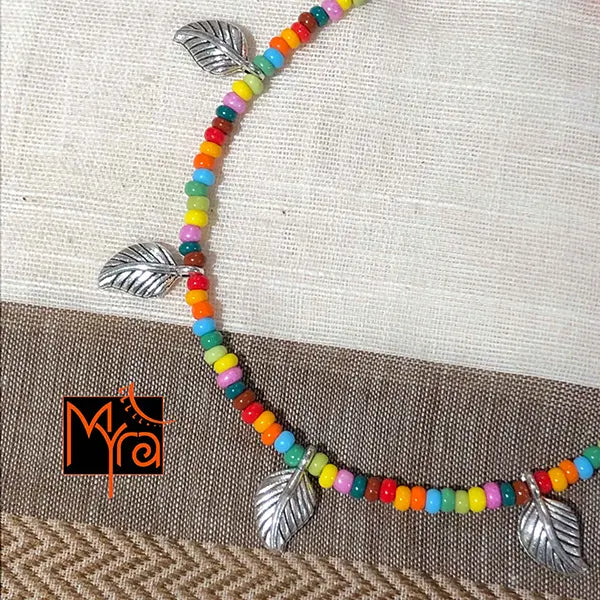 Multicolor Anklet with Rounded Silver Leaf Charms