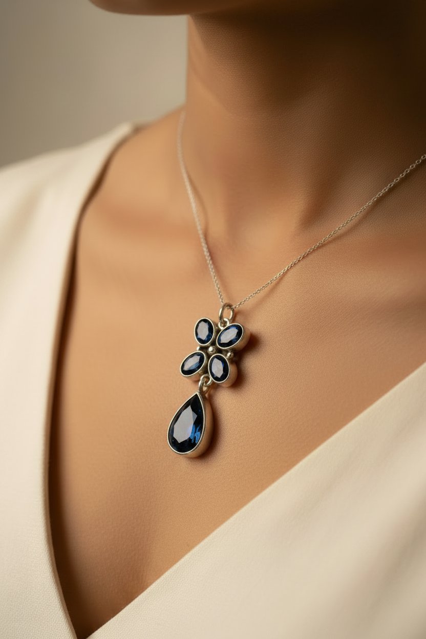 Blue Iolite Flower Pendant – 925 Sterling Silver Gemstone Pendant
