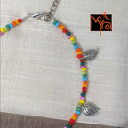 Multicolor Anklet with Rounded Silver Leaf Charms