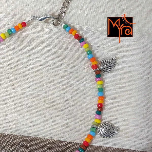 Multicolor Anklet with Rounded Silver Leaf Charms