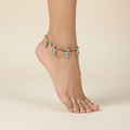 Multicolor Anklet with Rounded Silver Leaf Charms