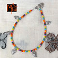 Multicolor Anklet with Rounded Silver Leaf Charms