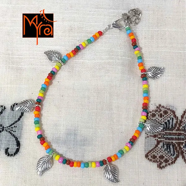 Multicolor Anklet with Rounded Silver Leaf Charms