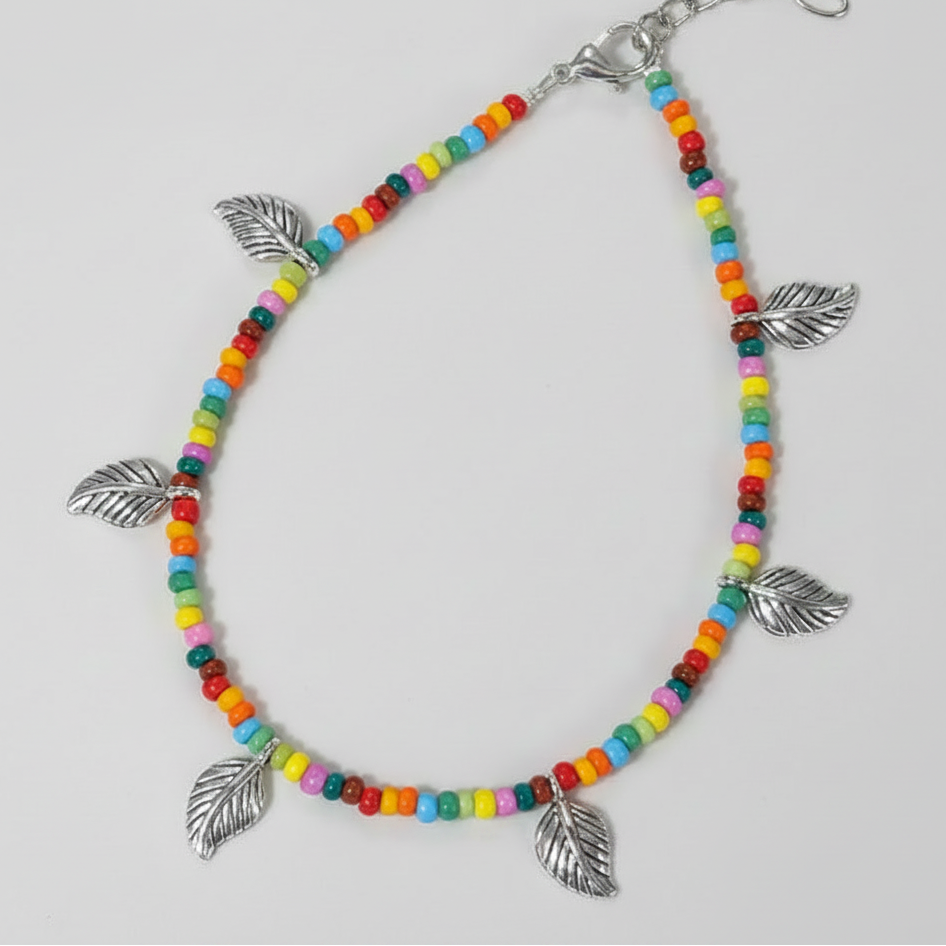 Multicolor Anklet with Rounded Silver Leaf Charms