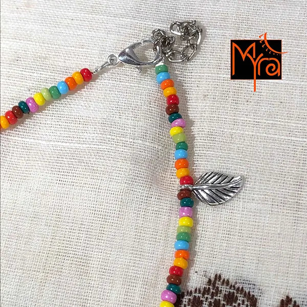 Multicolor Anklet with Rounded Silver Leaf Charms