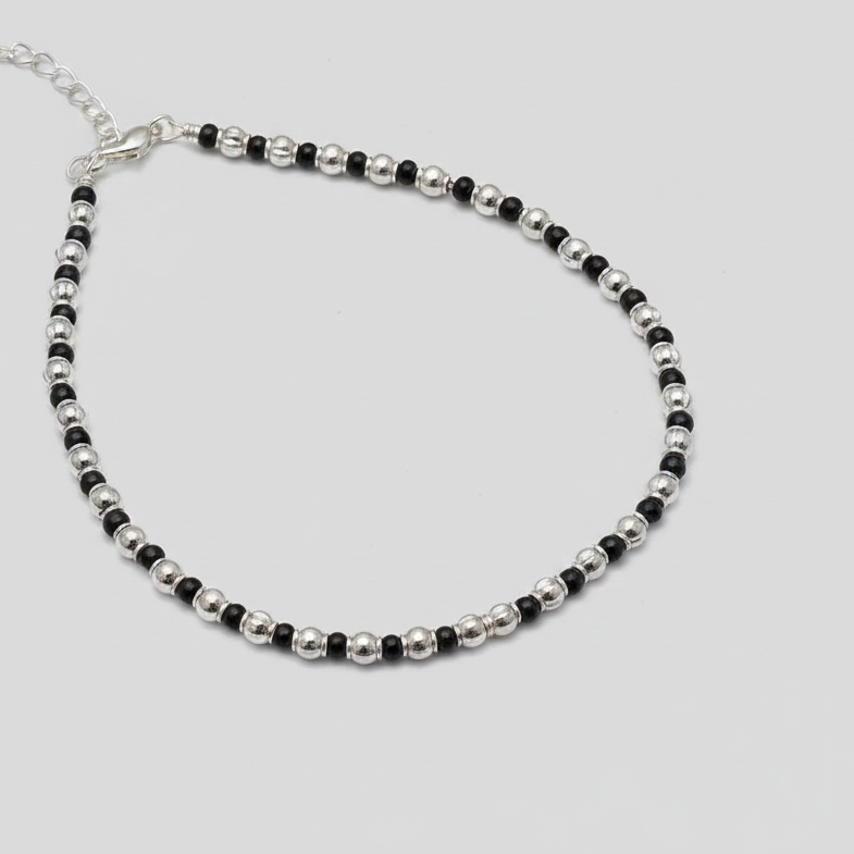 Handcrafted Silver Charm Anklet with Black Beads