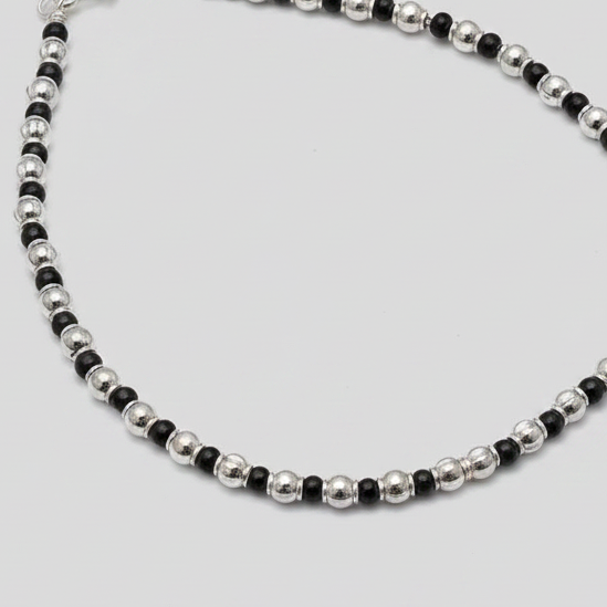 Handcrafted Silver Charm Anklet with Black Beads