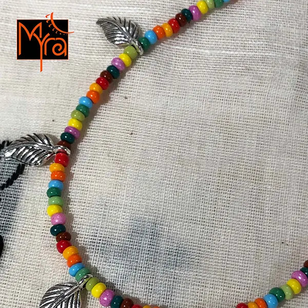 Multicolor Anklet with Rounded Silver Leaf Charms