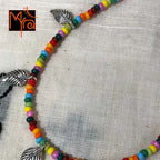 Multicolor Anklet with Rounded Silver Leaf Charms