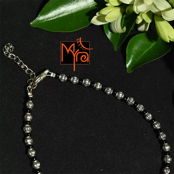 Silver Charms Anklet with Black Beads