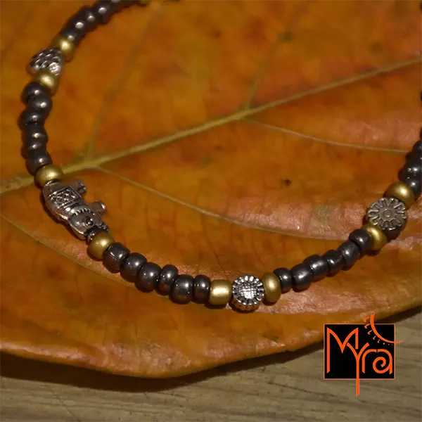 Greyish Silver & Golden Beaded Charm Anklet