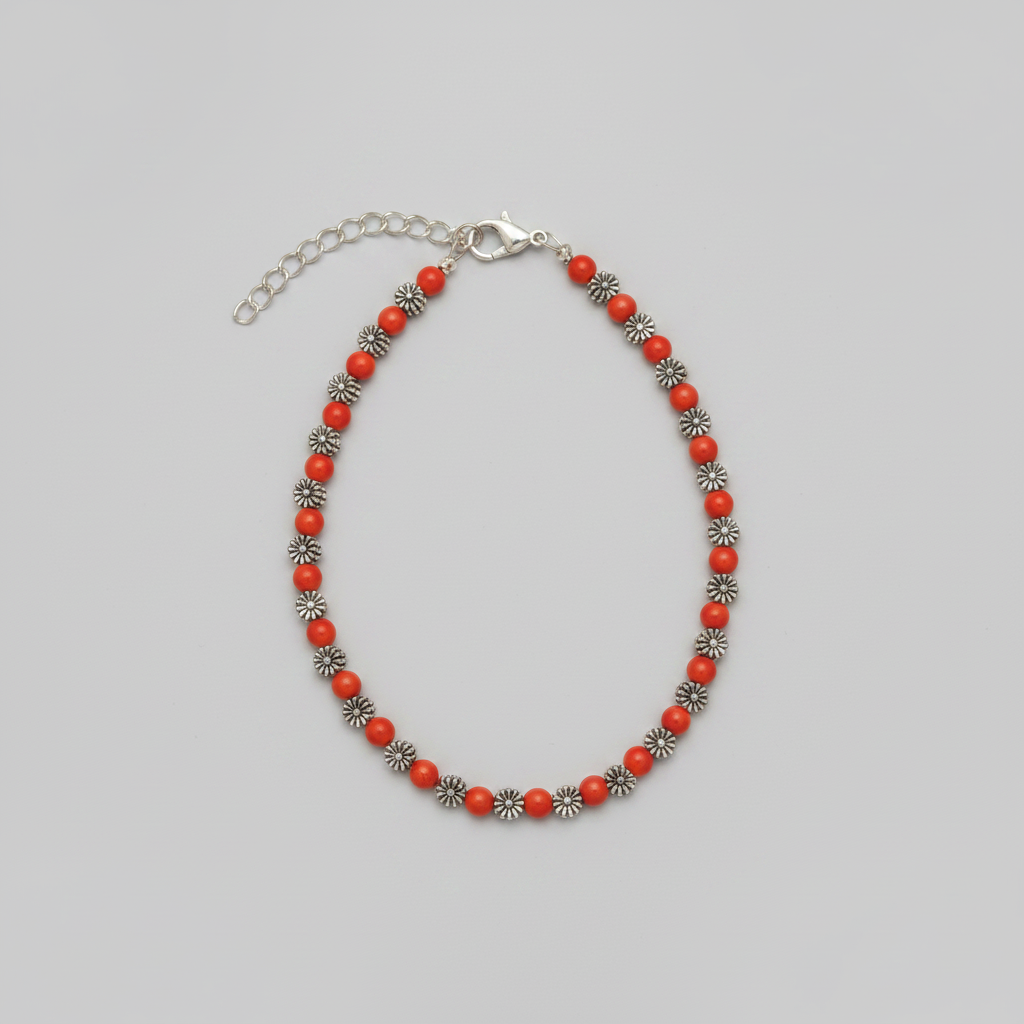 Handcrafted Red Beaded Anklet with Metal Dandelion Beads