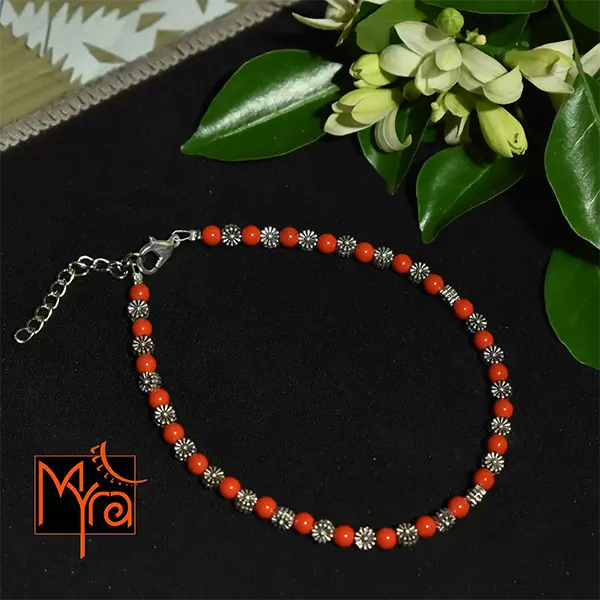 Red Beaded Anklet with Metal Dandelion Beads