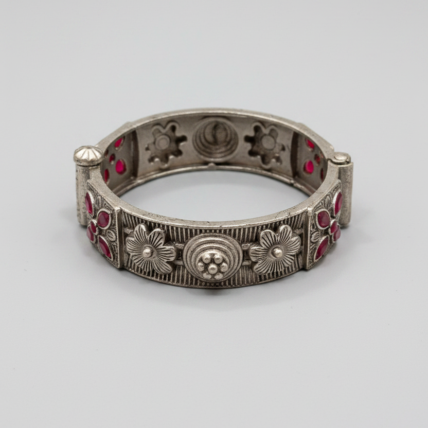 Gulabi Phool Bahaar | Pink Stone Flower German Silver Bracelet