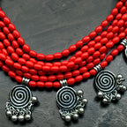 Six Layer Beaded Necklace with Hanging Charms : Red