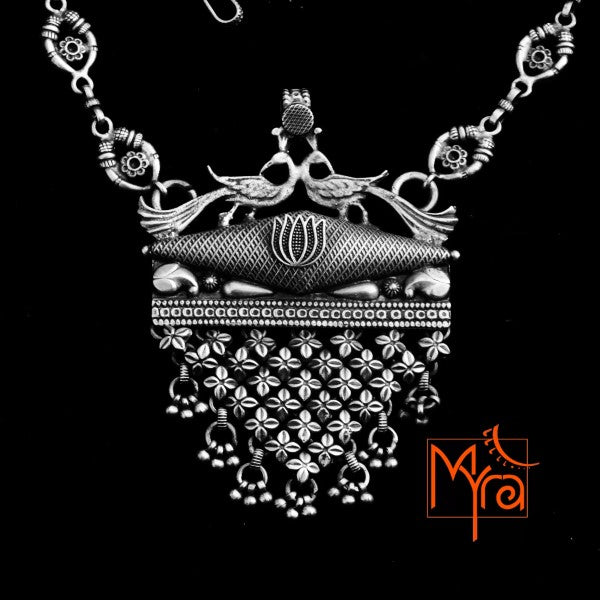 Double Peacock Motif Pure Silver Necklace