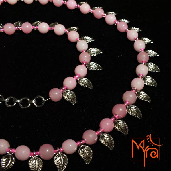 Metal Leaf Charm Pink Beaded Necklace