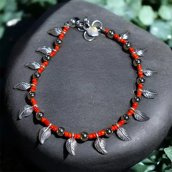 Charm & Bead Anklet : Orange Leaves