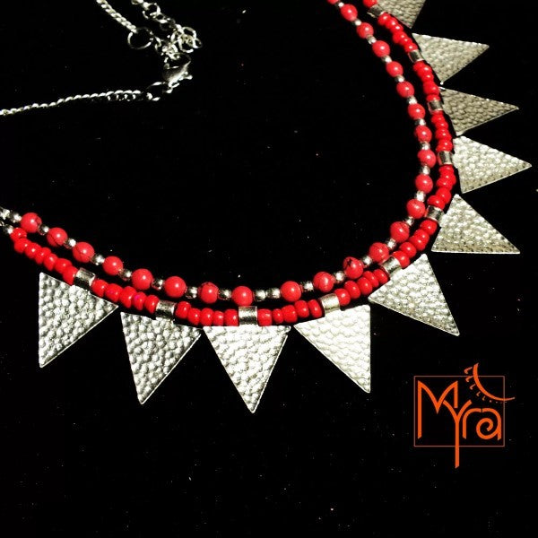 Triangle Charm Two Layer Necklace : Red