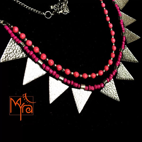 Triangle Charm Two Layer Necklace : Pink
