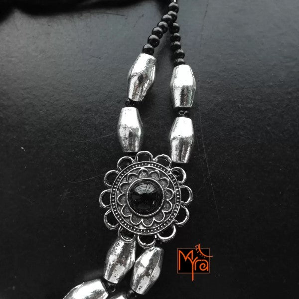 Flower Charm and Metal Beaded Choker : Silver