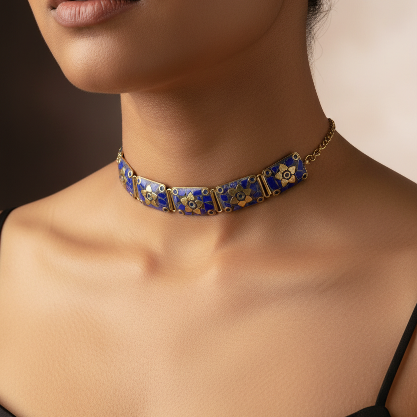 Rectangle Pattern Tibetan Stone Choker : Blue