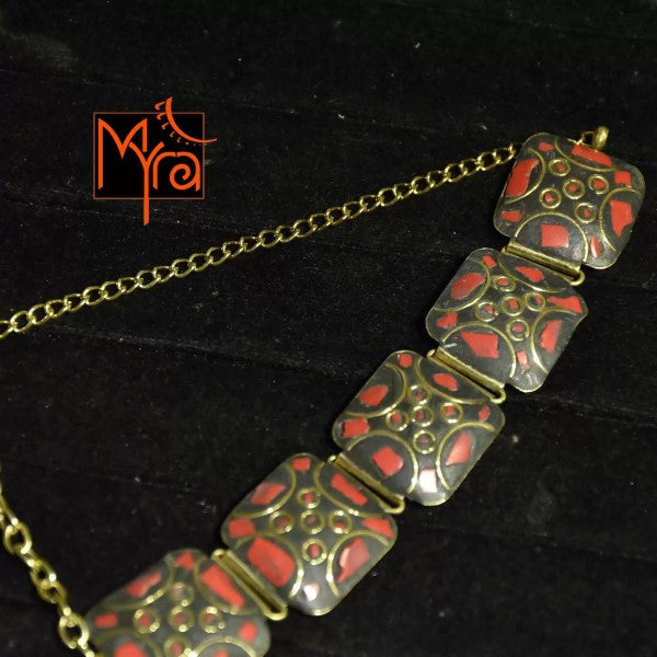 Square Pattern Tibetan Stone Choker : Red
