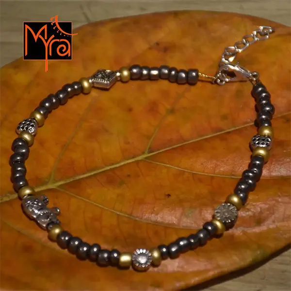 Greyish Silver & Golden Beaded Charm Anklet