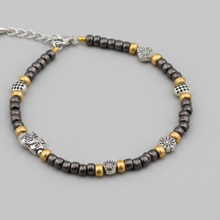 Greyish Silver & Golden Beaded Charm Anklet
