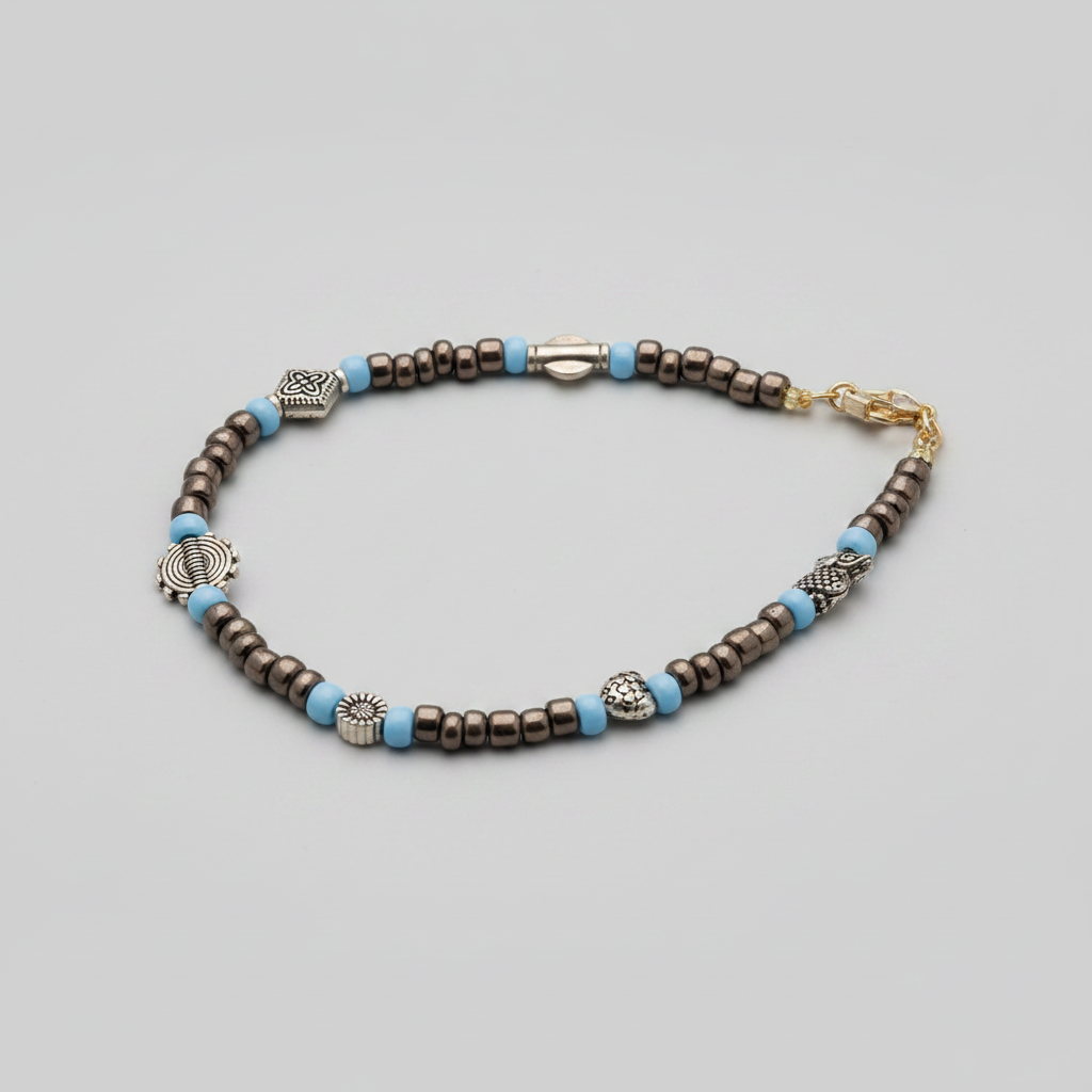 Greyish Silver & Sky Blue Beaded Charm Anklet