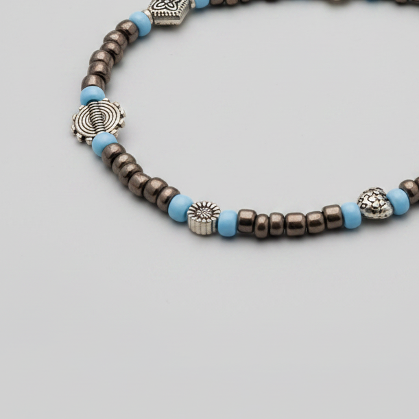 Greyish Silver & Sky Blue Beaded Charm Anklet