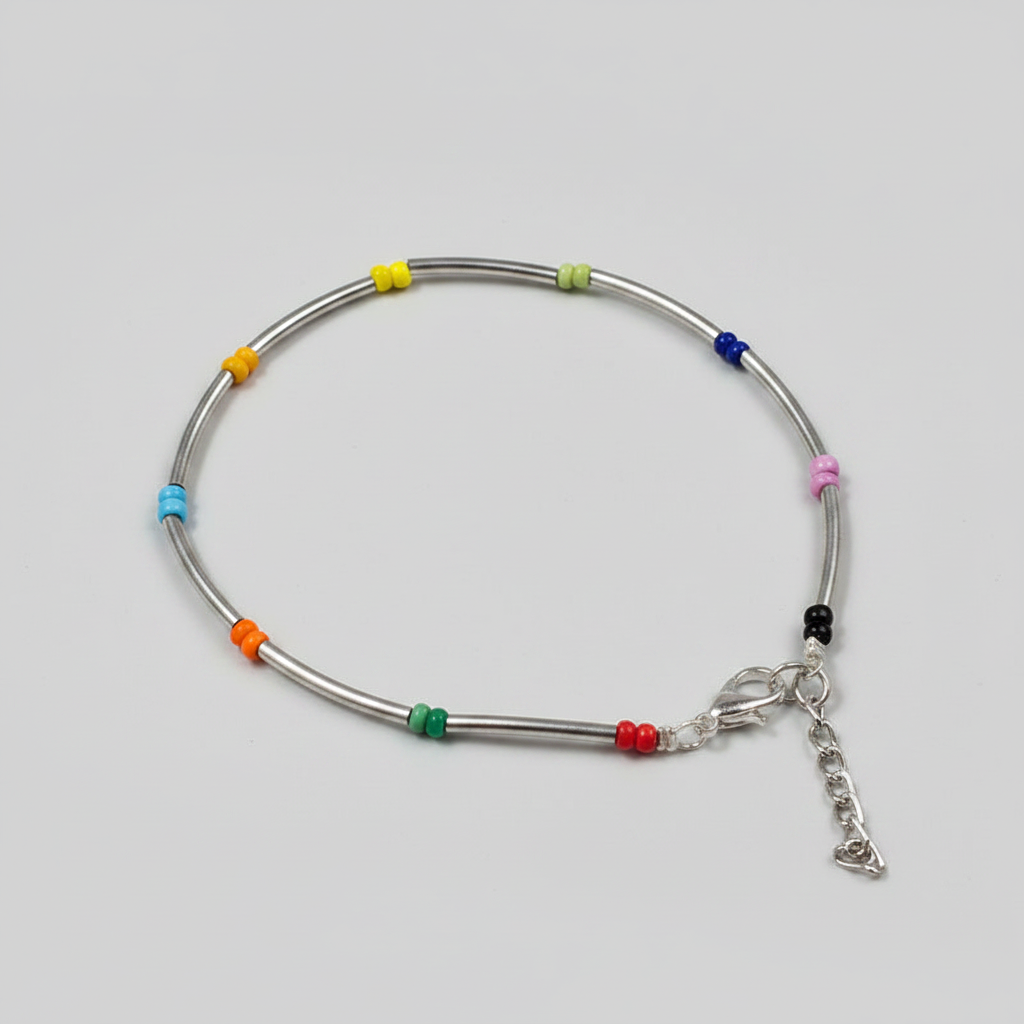 Silver Pipe & Multicolor Beaded Anklet