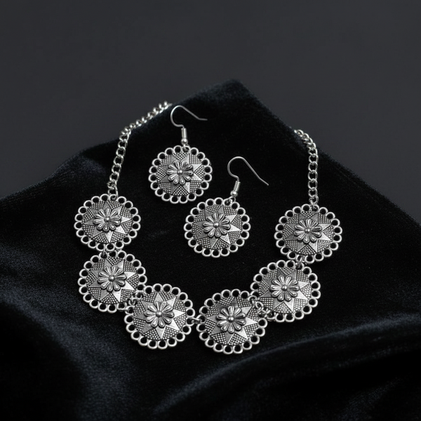 Floral Metal Choker Set : Silver