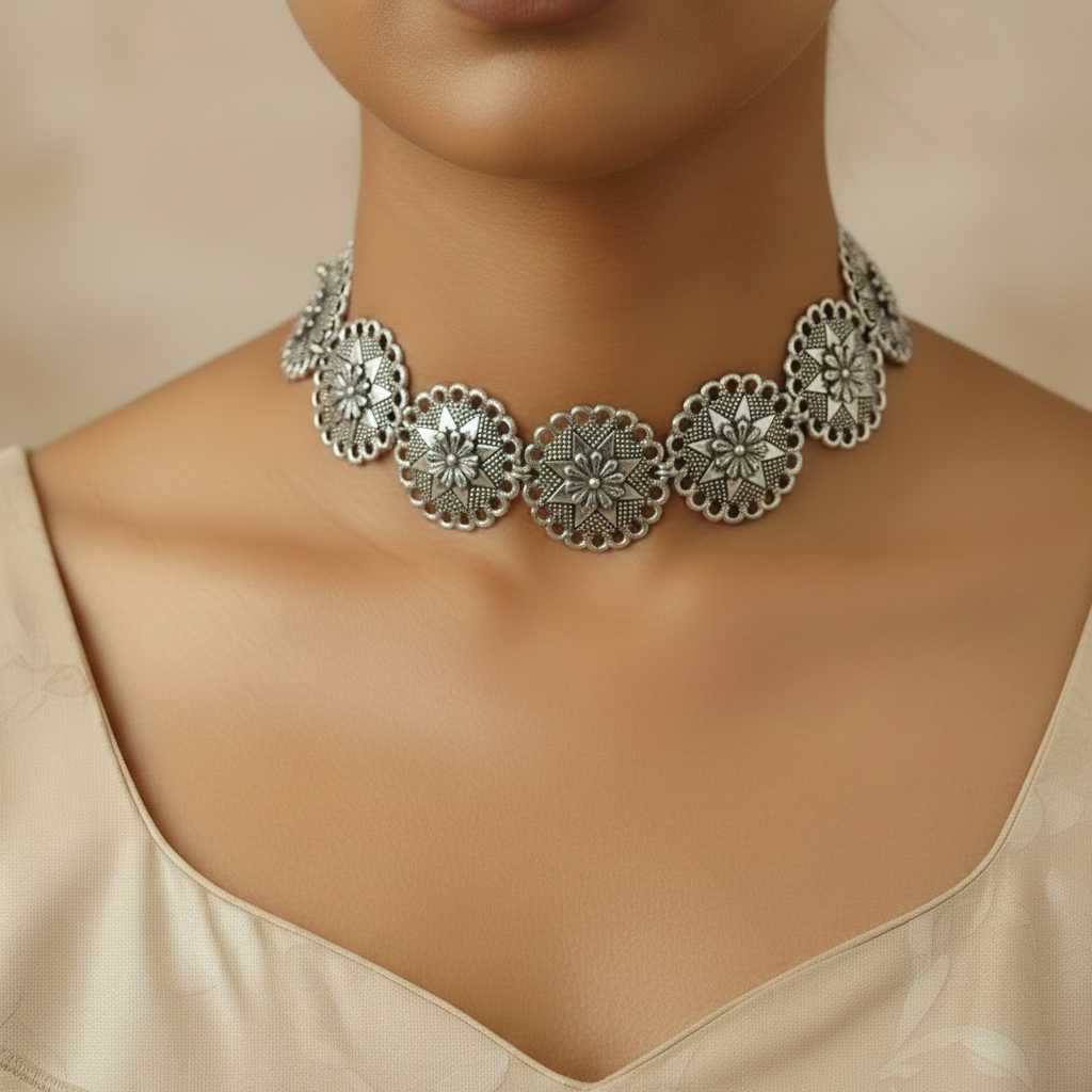 Floral Metal Choker Set : Silver