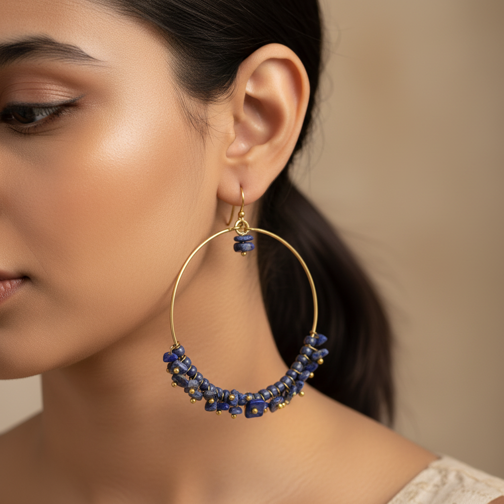 Brass Hoop Earrings : Lapis