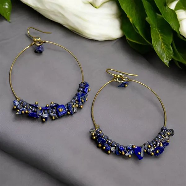 Brass Hoop Earrings : Lapis