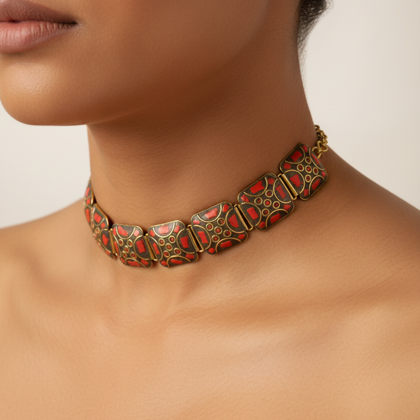 Square Pattern Tibetan Stone Choker : Red