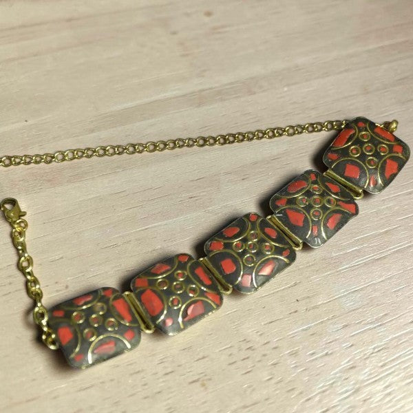 Square Pattern Tibetan Stone Choker : Red