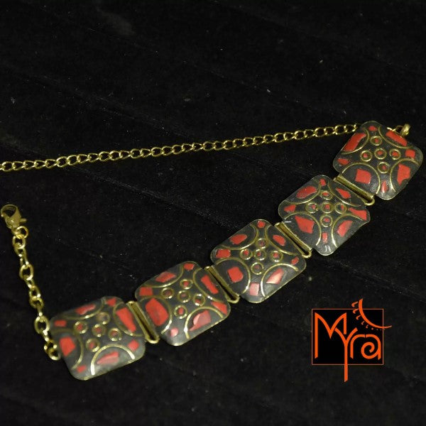Square Pattern Tibetan Stone Choker : Red