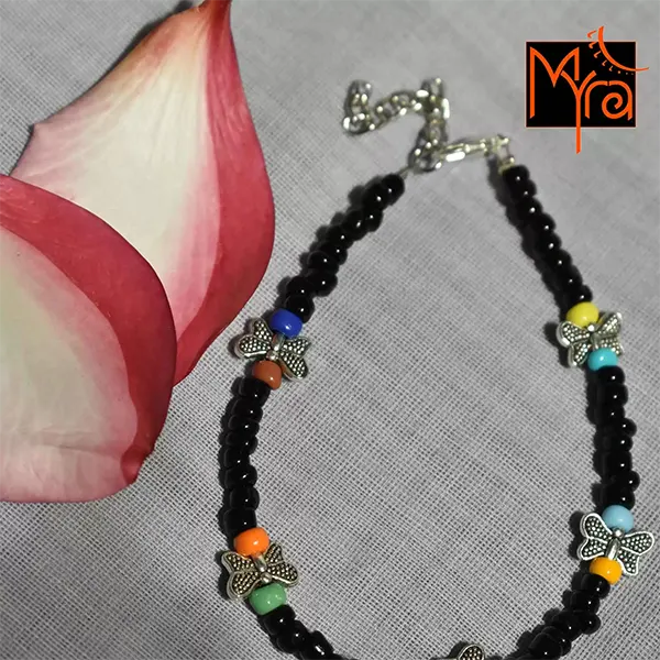 Glass Beaded Anklet with Butterfly Charms : Black, Multicolor