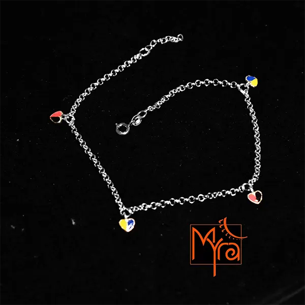 Chain Anklet with Enamelled Heart Charms