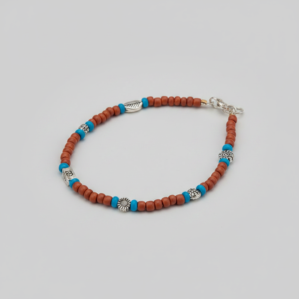 Brown & Blue Beaded Charm Anklet