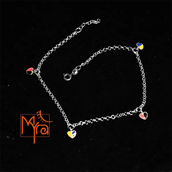 Chain Anklet with Enamelled Heart Charms