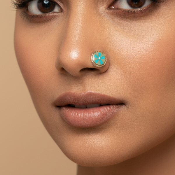 Handpainted Olive Green Grey Teal Flower Nosepin - 925 Sterling Silver Nosepin