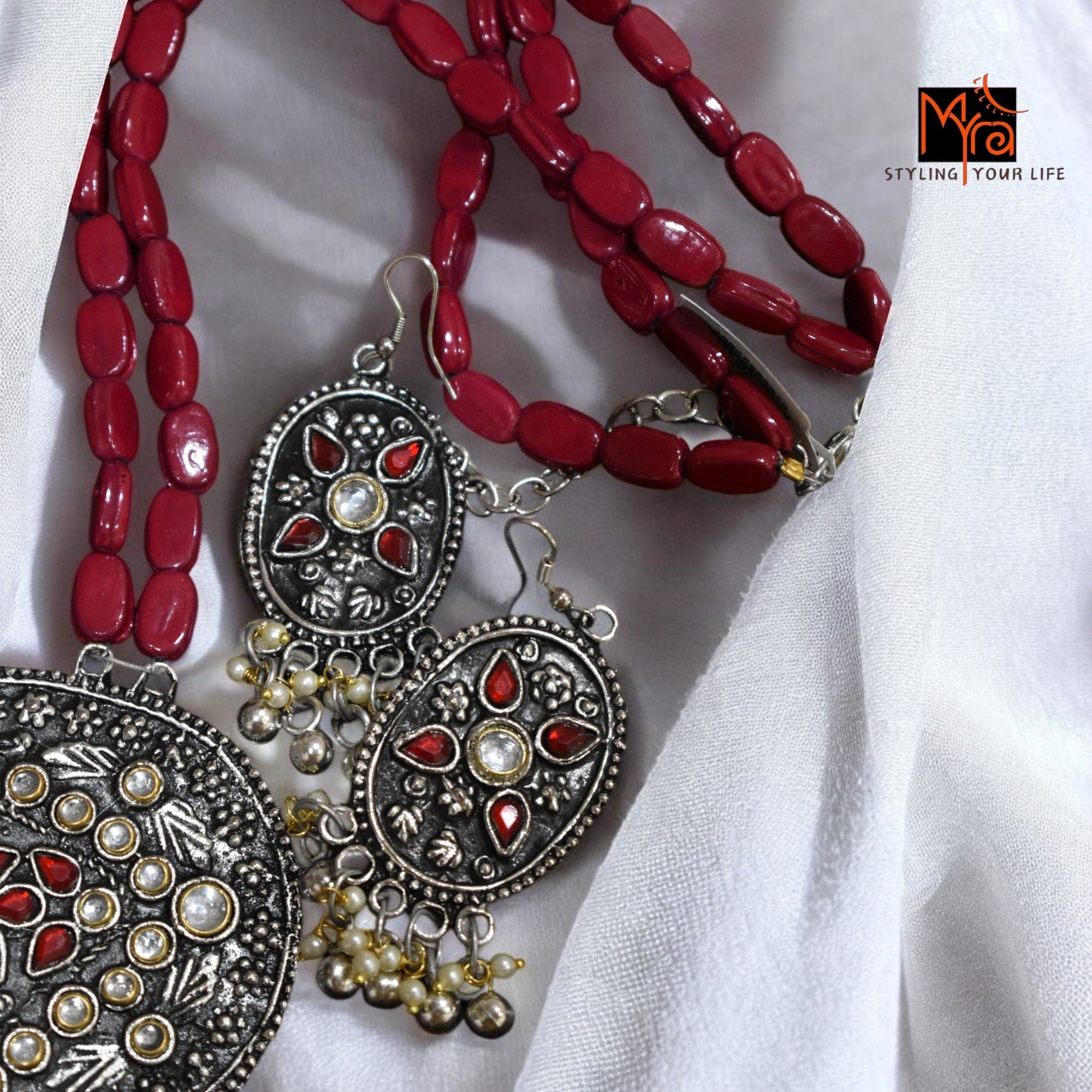 Maroon Boho Bead & Metal Necklace Set