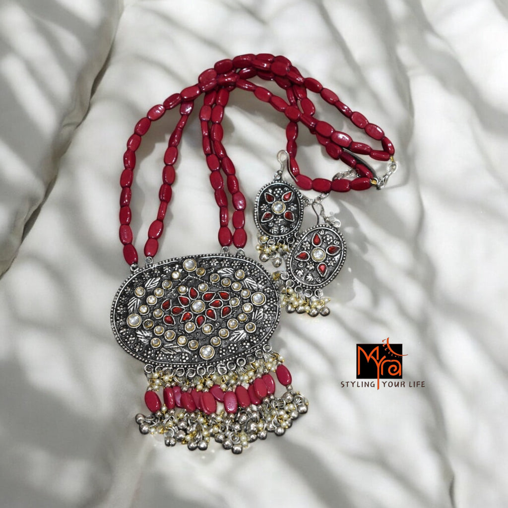Maroon Boho Bead & Metal Necklace Set