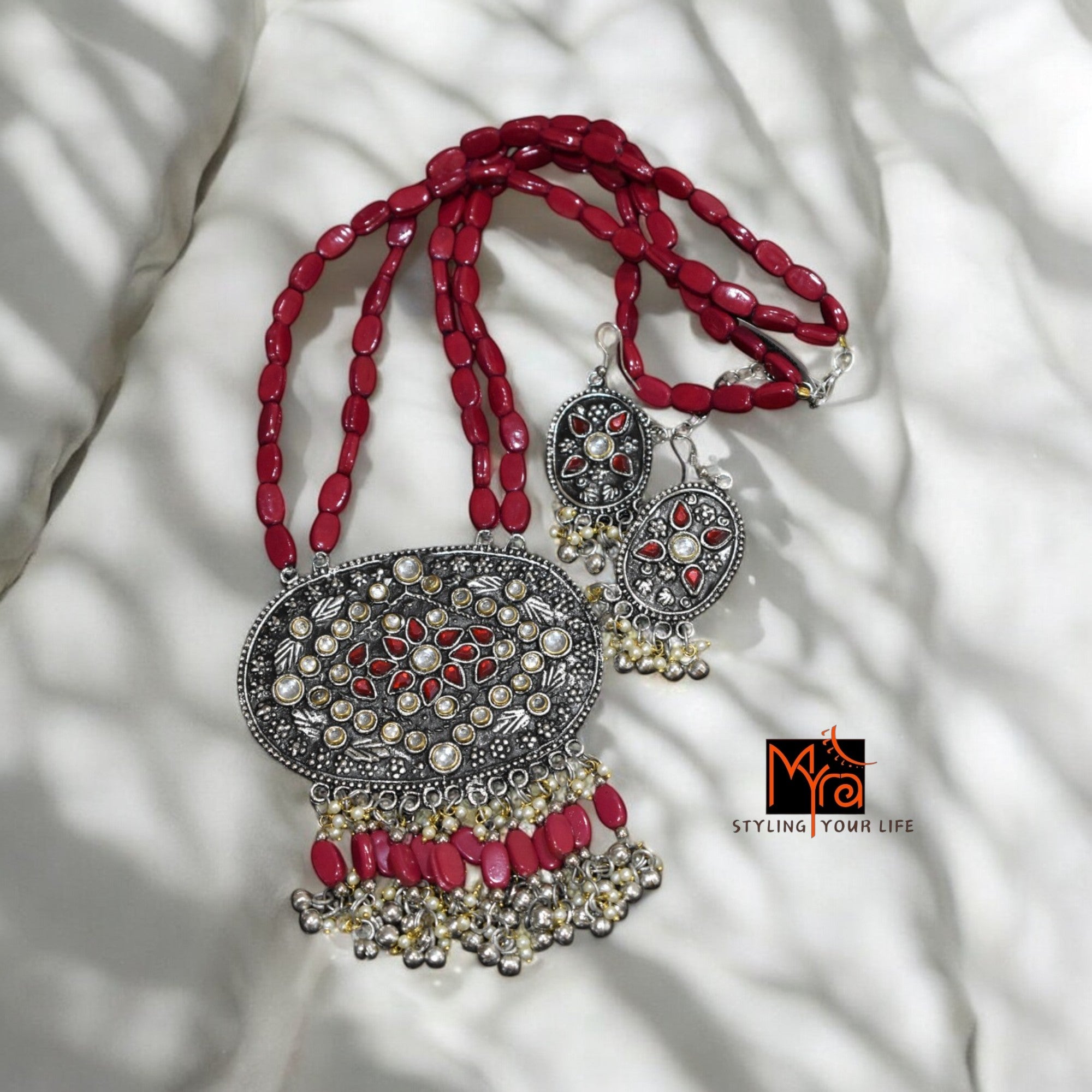 Maroon Boho Bead & Metal Necklace Set